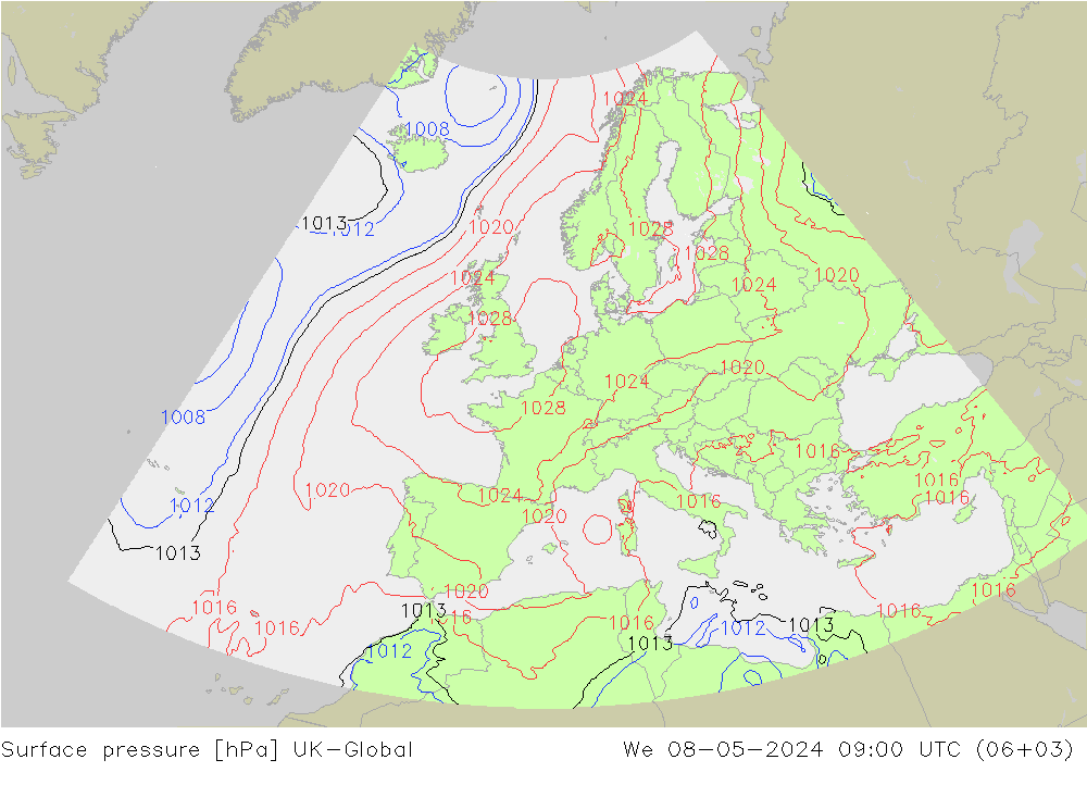 地面气压 UK-Global 星期三 08.05.2024 09 UTC