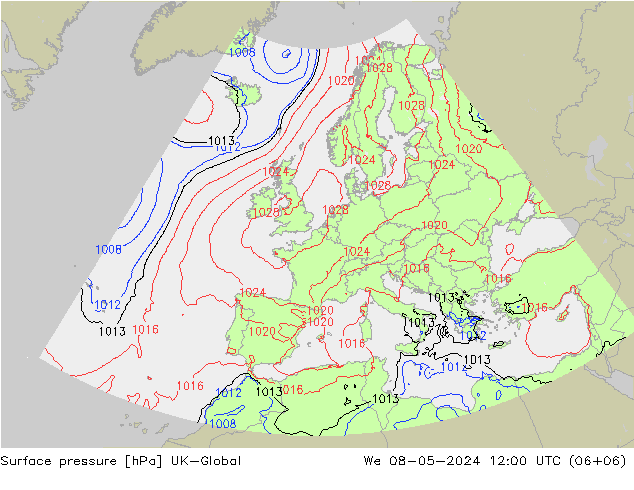 Pressione al suolo UK-Global mer 08.05.2024 12 UTC