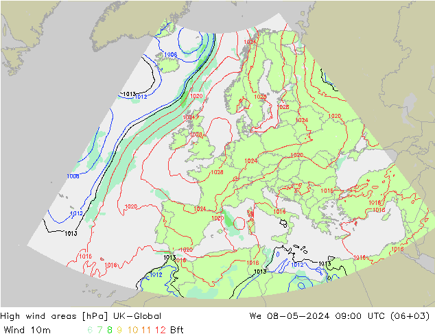 High wind areas UK-Global We 08.05.2024 09 UTC