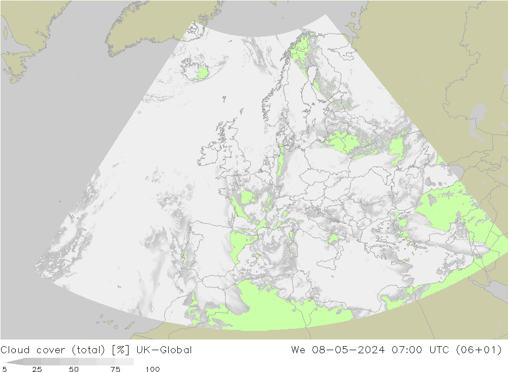 Cloud cover (total) UK-Global We 08.05.2024 07 UTC