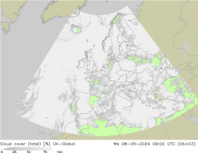 Cloud cover (total) UK-Global St 08.05.2024 09 UTC