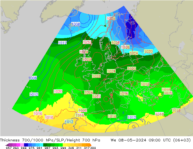Thck 700-1000 hPa UK-Global We 08.05.2024 09 UTC
