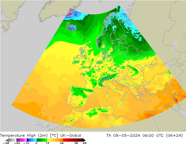 Max.temperatuur (2m) UK-Global do 09.05.2024 06 UTC