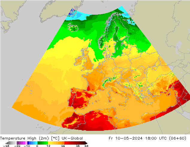 Max.temperatuur (2m) UK-Global vr 10.05.2024 18 UTC