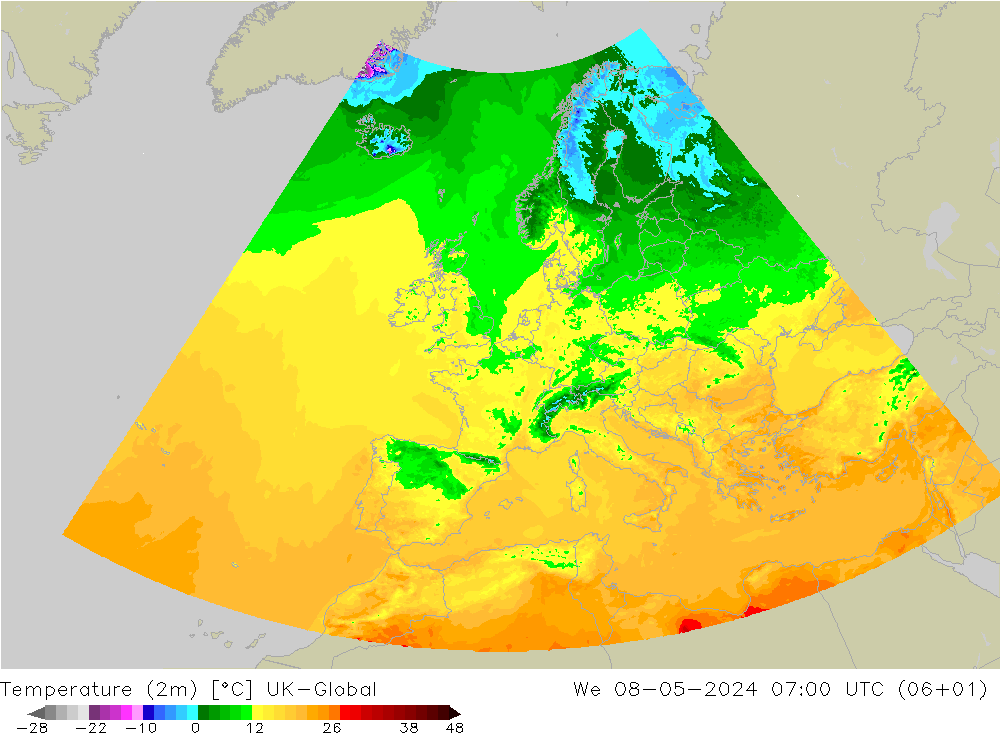 Temperatura (2m) UK-Global mer 08.05.2024 07 UTC