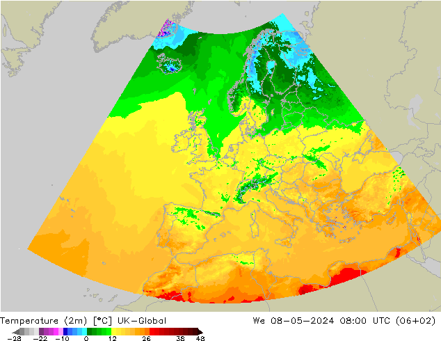 Temperaturkarte (2m) UK-Global Mi 08.05.2024 08 UTC