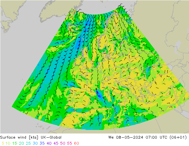 wiatr 10 m UK-Global śro. 08.05.2024 07 UTC