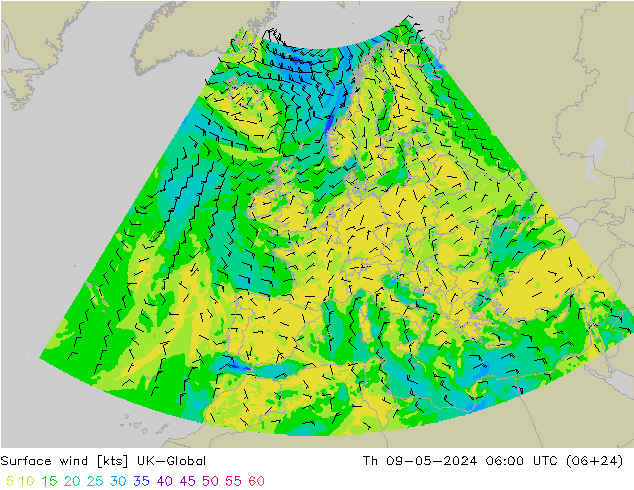 风 10 米 UK-Global 星期四 09.05.2024 06 UTC