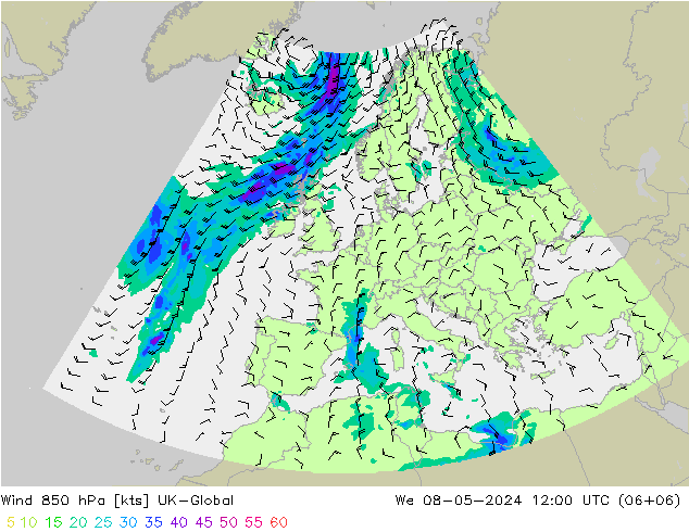 Wind 850 hPa UK-Global Mi 08.05.2024 12 UTC