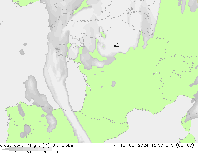 Cloud cover (high) UK-Global Fr 10.05.2024 18 UTC