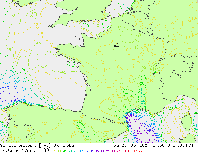 Isotachs (kph) UK-Global mer 08.05.2024 07 UTC