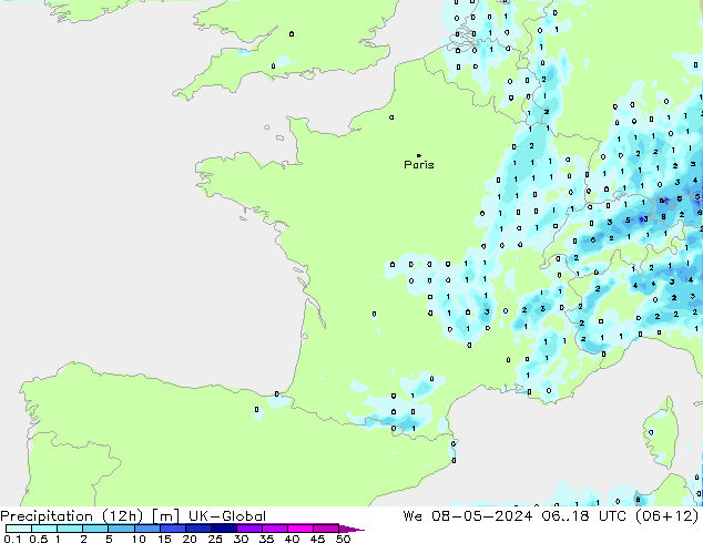 Précipitation (12h) UK-Global mer 08.05.2024 18 UTC