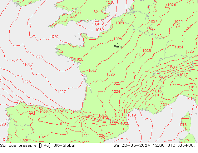 Presión superficial UK-Global mié 08.05.2024 12 UTC