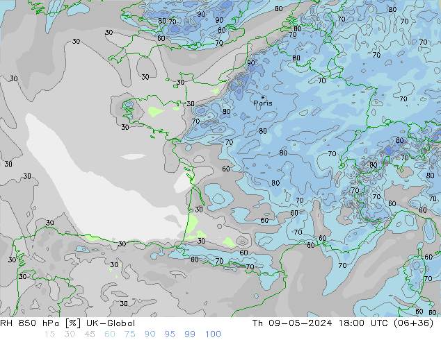 RH 850 hPa UK-Global gio 09.05.2024 18 UTC