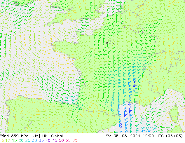 Rüzgar 850 hPa UK-Global Çar 08.05.2024 12 UTC