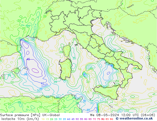 Isotachs (kph) UK-Global mer 08.05.2024 12 UTC