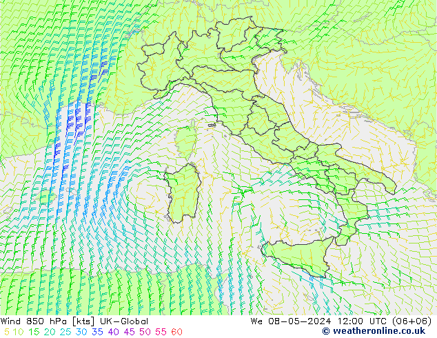 Wind 850 hPa UK-Global We 08.05.2024 12 UTC