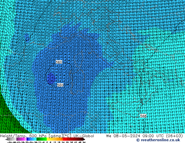 Geop./Temp. 500 hPa UK-Global mié 08.05.2024 09 UTC