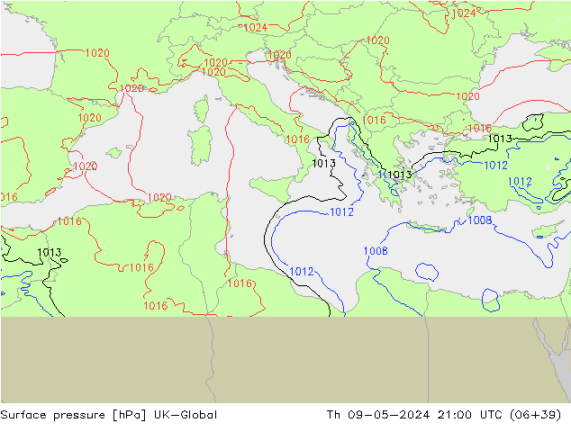 Surface pressure UK-Global Th 09.05.2024 21 UTC