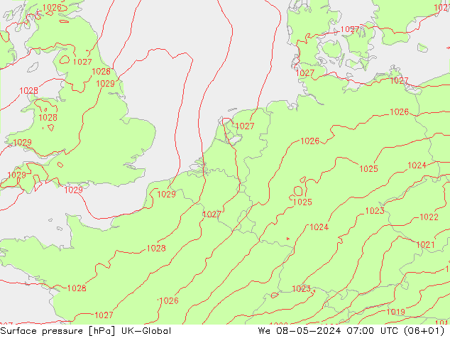 Surface pressure UK-Global We 08.05.2024 07 UTC