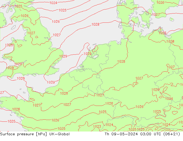 Pressione al suolo UK-Global gio 09.05.2024 03 UTC