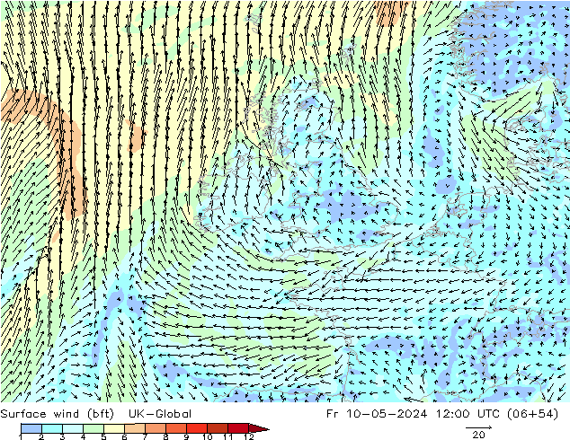 wiatr 10 m (bft) UK-Global pt. 10.05.2024 12 UTC
