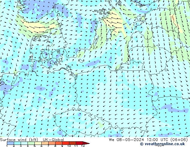 Surface wind (bft) UK-Global We 08.05.2024 12 UTC