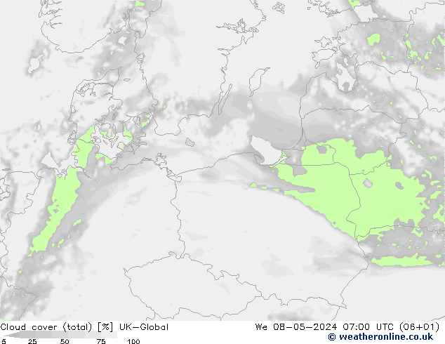 Bewolking (Totaal) UK-Global wo 08.05.2024 07 UTC