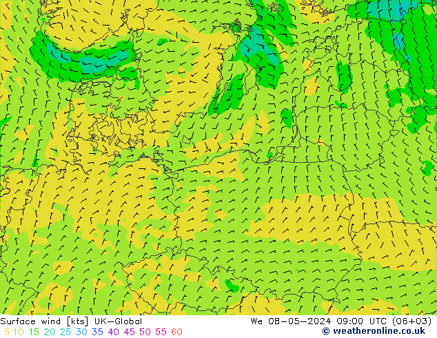 Surface wind UK-Global We 08.05.2024 09 UTC