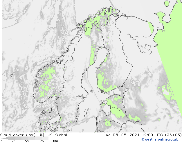 Cloud cover (low) UK-Global We 08.05.2024 12 UTC