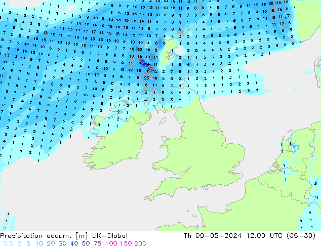 Precipitation accum. UK-Global Th 09.05.2024 12 UTC