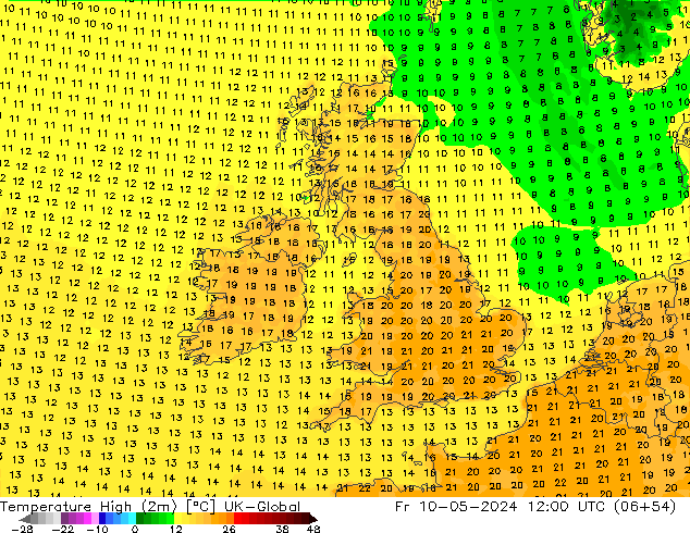 Temperature High (2m) UK-Global Fr 10.05.2024 12 UTC