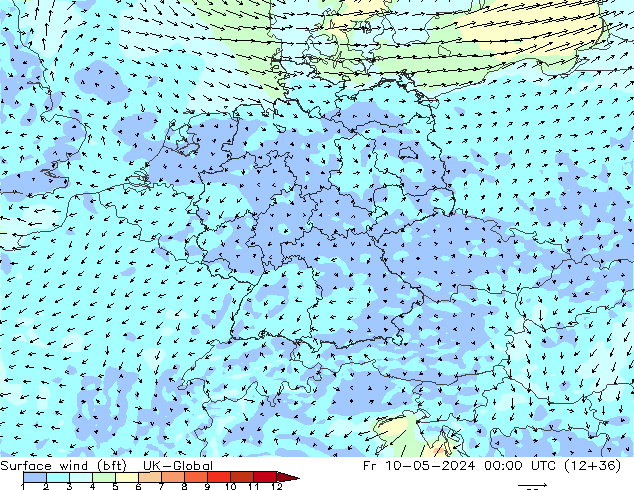 Surface wind (bft) UK-Global Fr 10.05.2024 00 UTC