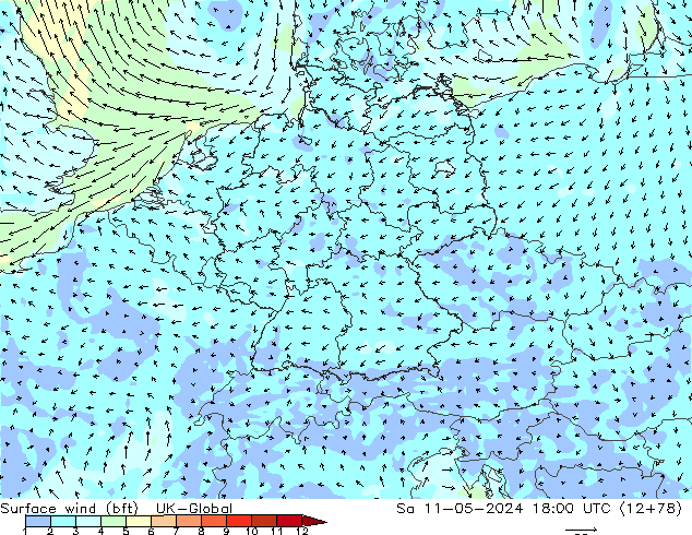 Wind 10 m (bft) UK-Global za 11.05.2024 18 UTC