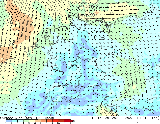Surface wind (bft) UK-Global Tu 14.05.2024 12 UTC