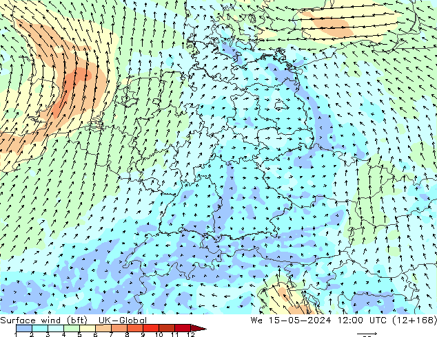 Rüzgar 10 m (bft) UK-Global Çar 15.05.2024 12 UTC