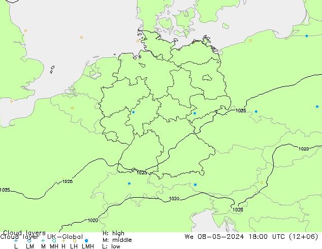 Wolkenschichten UK-Global Mi 08.05.2024 18 UTC