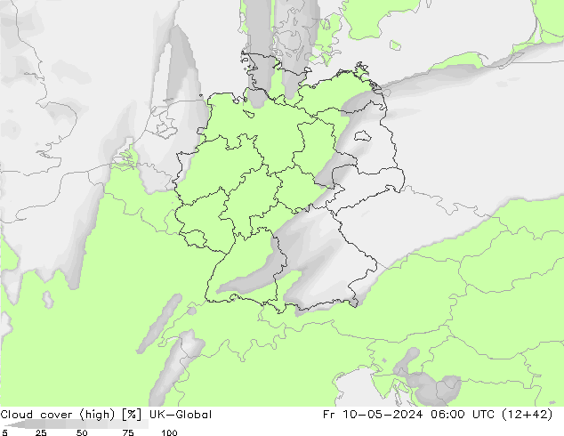 Cloud cover (high) UK-Global Fr 10.05.2024 06 UTC