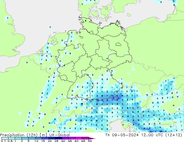Precipitação (12h) UK-Global Qui 09.05.2024 00 UTC