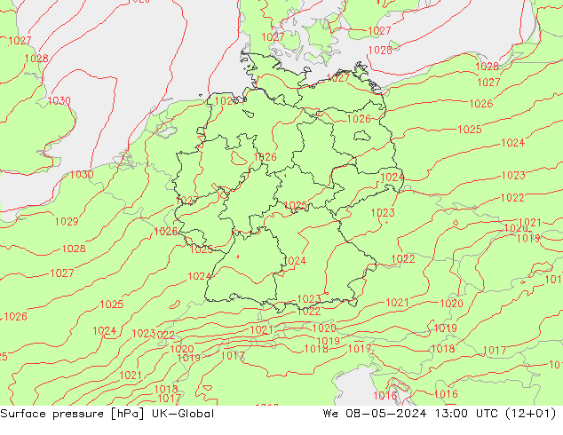 Presión superficial UK-Global mié 08.05.2024 13 UTC