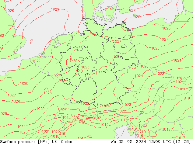 地面气压 UK-Global 星期三 08.05.2024 18 UTC