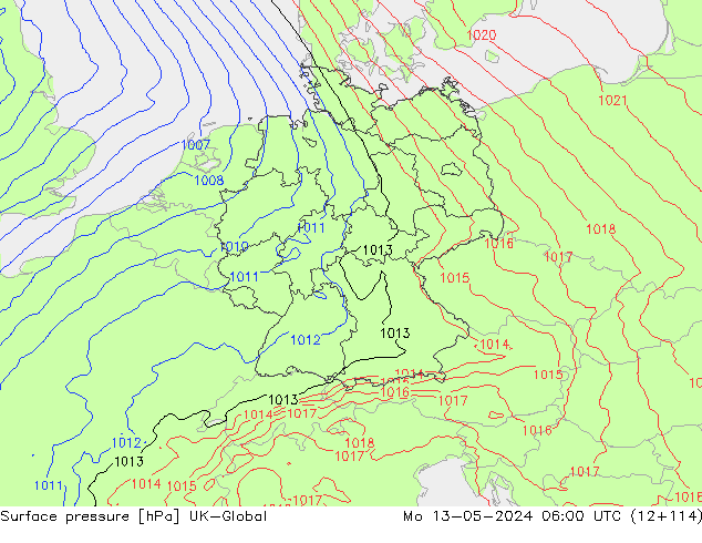 Surface pressure UK-Global Mo 13.05.2024 06 UTC