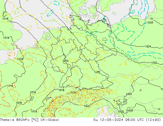 Theta-e 850hPa UK-Global dim 12.05.2024 06 UTC