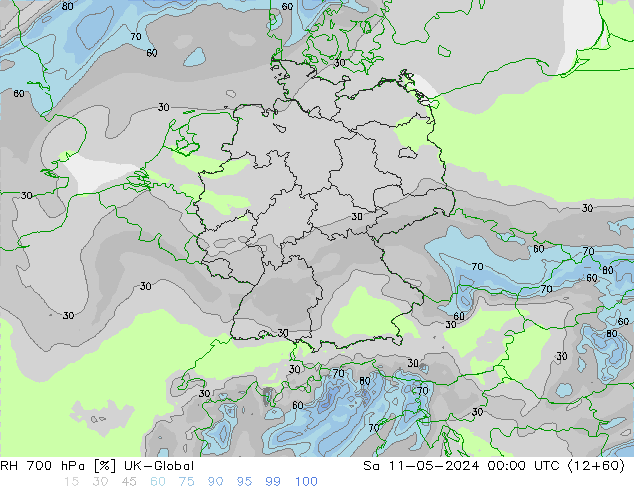 Humedad rel. 700hPa UK-Global sáb 11.05.2024 00 UTC