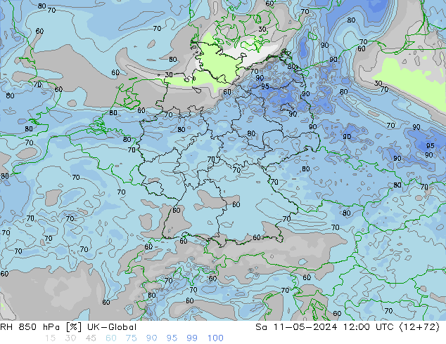 Humedad rel. 850hPa UK-Global sáb 11.05.2024 12 UTC