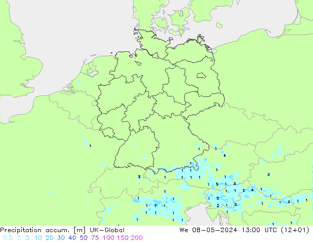 Precipitation accum. UK-Global 星期三 08.05.2024 13 UTC