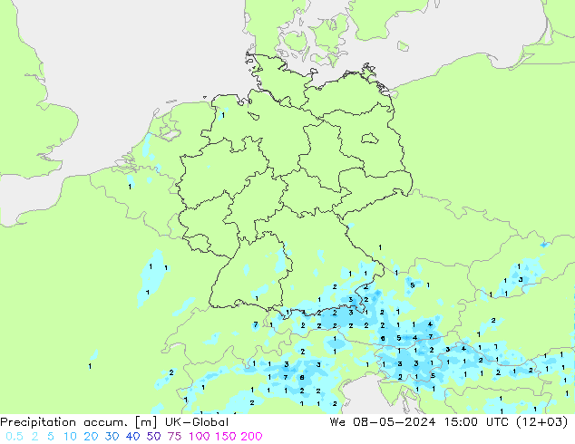 Precipitation accum. UK-Global śro. 08.05.2024 15 UTC