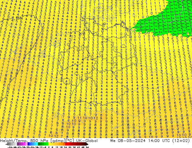 Geop./Temp. 850 hPa UK-Global mié 08.05.2024 14 UTC