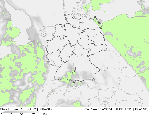 Cloud cover (total) UK-Global Tu 14.05.2024 18 UTC