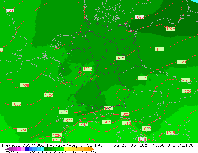 Thck 700-1000 hPa UK-Global 星期三 08.05.2024 18 UTC